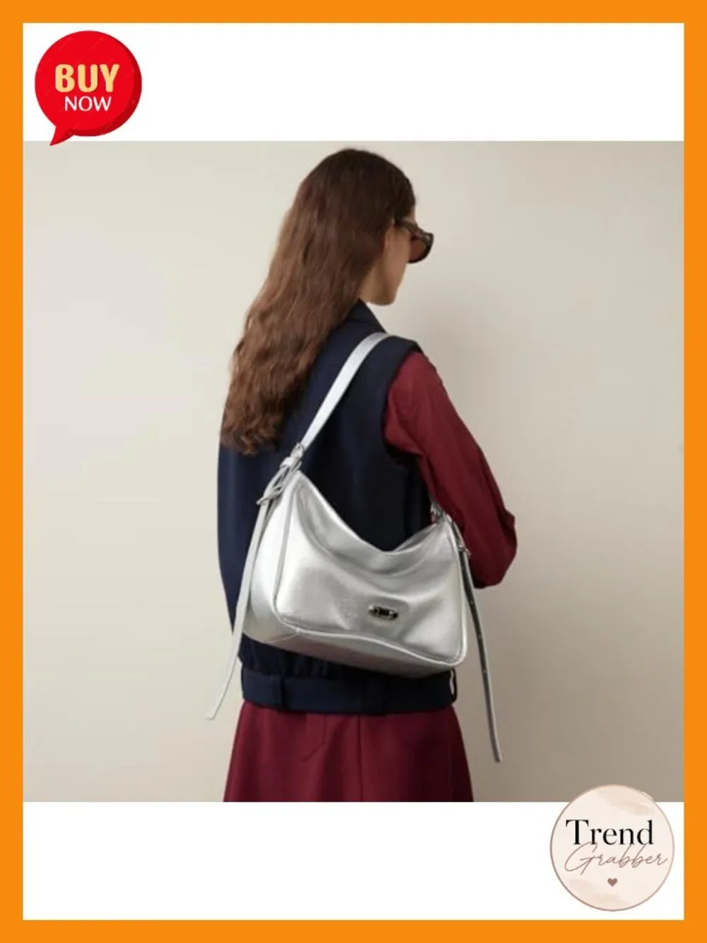 Genuine Leather Hobo Bag Medium Slouchy Shoulder Purse Adjustable Strap Silver